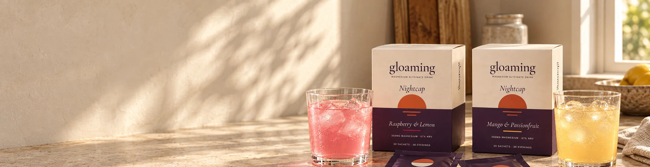 Both Gloaming flavours on a kitchen counter in the late afternoon sun