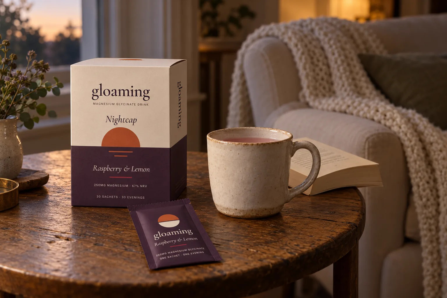 A warm mug of Gloaming beside the box and a sachet on a side table at dusk